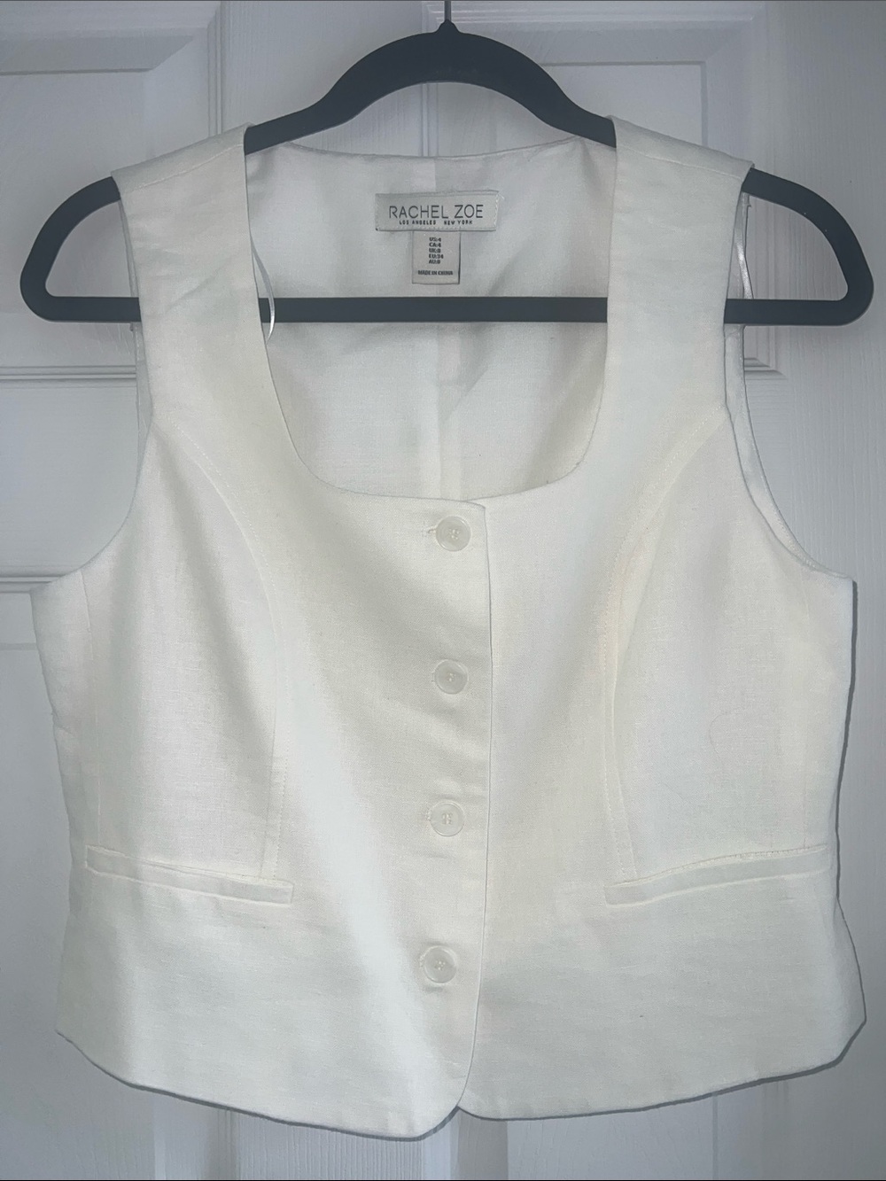 Rachel Zoe Linen Blend White Square Neck Button-Front Vest Top PP18” Length19”